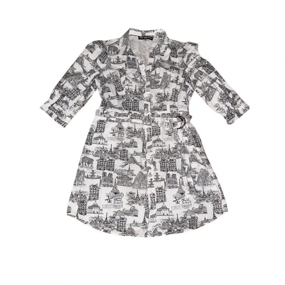 Karl Lagerfeld Paris Shirt Dress Womens M Landmark Toile Print Belted pop art - Picture 3 of 12